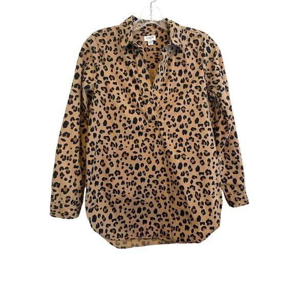 J. Crew Factory Long Sleeve Popover Shirt‎ Women Size XXS Animal Print Tan FLAW - Picture 1 of 6